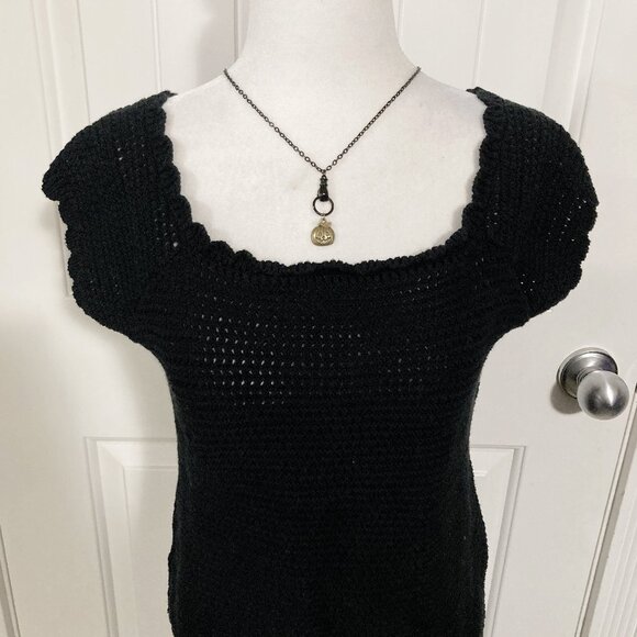 RICKI'S Vintage black cap sleeve knit top w/ scallop edges SMALL MEDIUM sweater - Picture 3 of 15